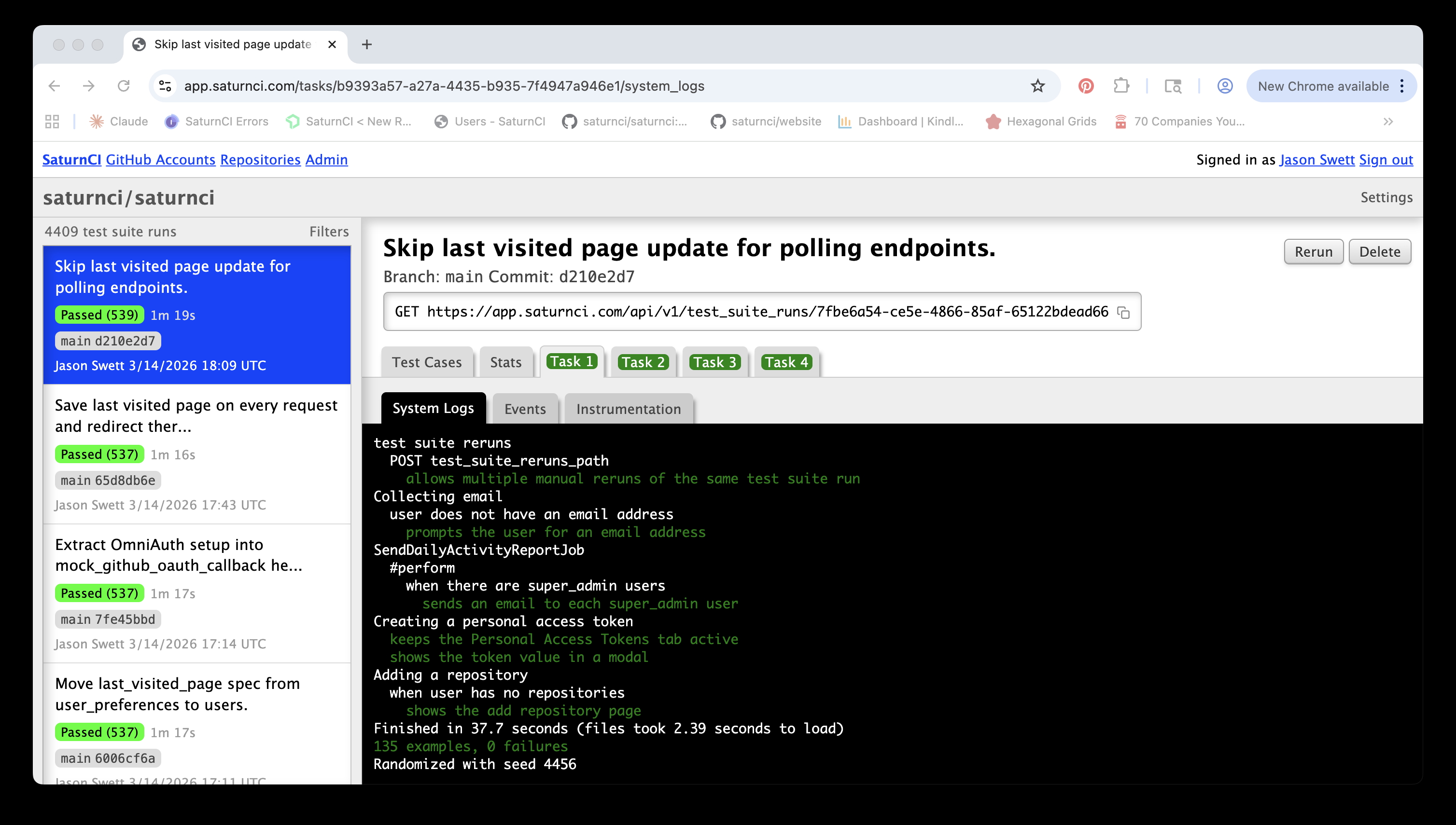 SaturnCI real-time log output